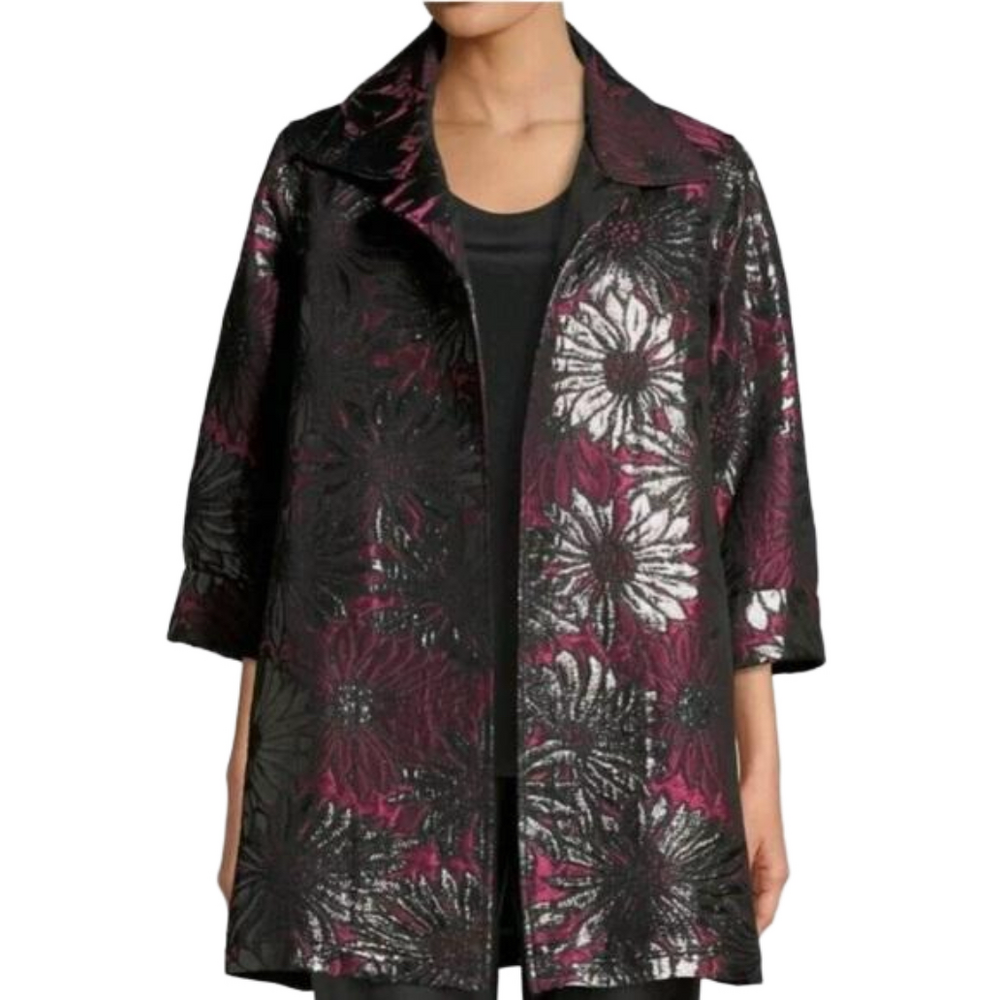 CAROLINE ROSE RED BLACK  & METALLIC PEWTER LARGE BOLD FLORAL OVERSIZED JACKET L